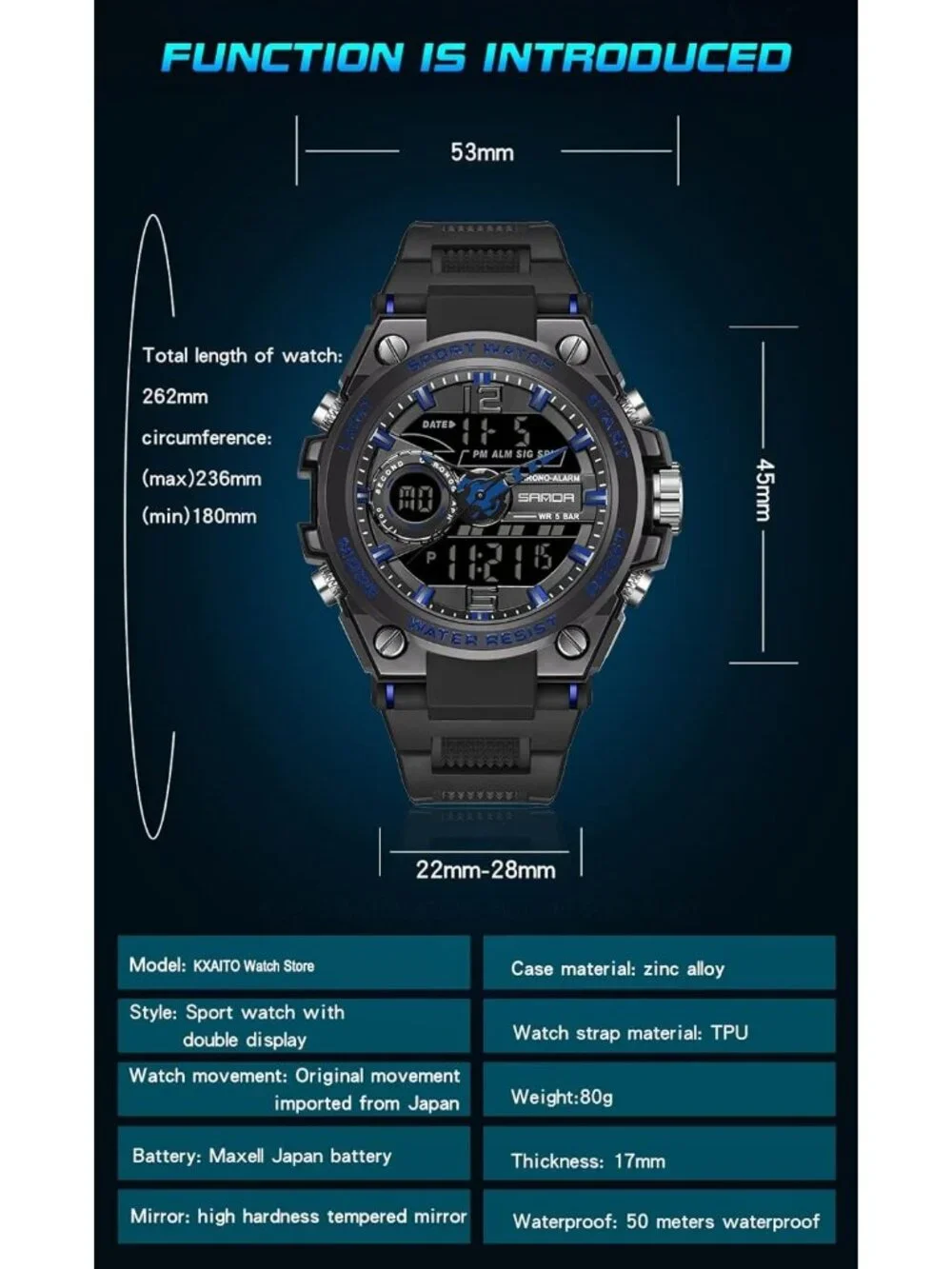Men's Blue And Black Analog Quartz Sports Waterproof Military LED Digital Watch